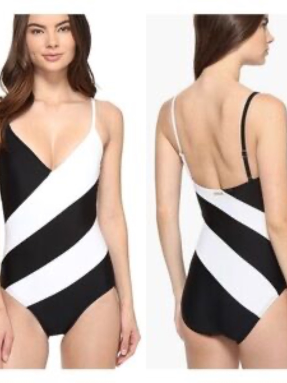 Michael Kors One Piece Swimsuit Women's Size 12 NEW Black White Diagonal Stripe